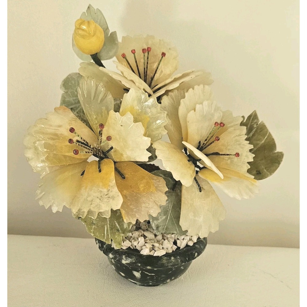 Chinese Jade Green Yellow Stone Flower Tree Pot 7"